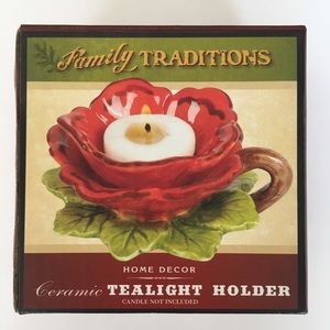 Cracker Barrel Family Traditions Ceramic Red Flower Tealight Holder